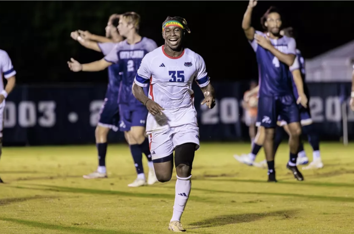 FAU men’s soccer forward Mamadou Diarra wearing a headband for his home country of Mali during their game against North Florida on Sept. 13, 2024. 